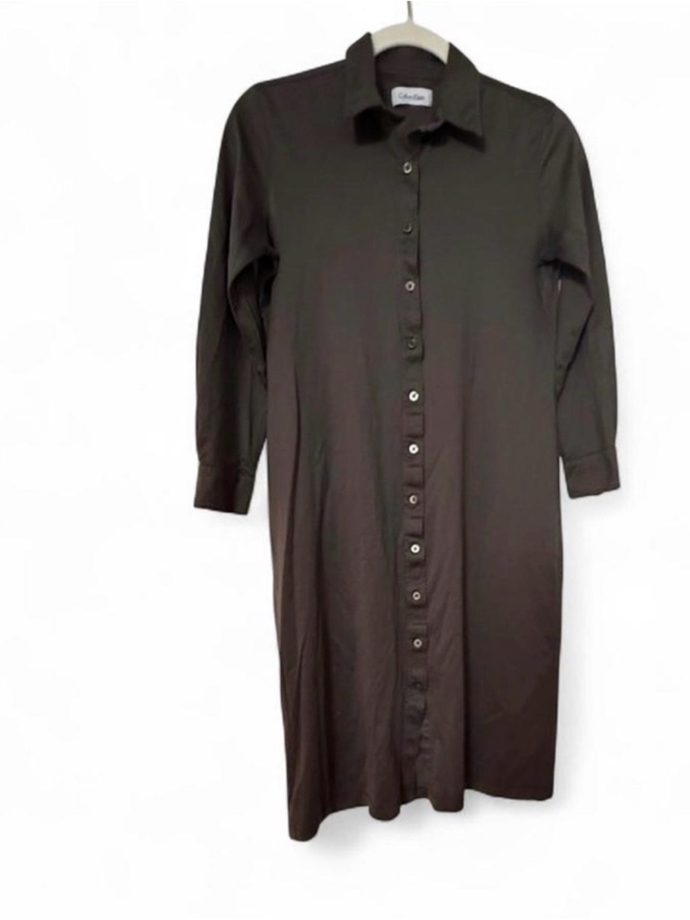 Calvin Klein Long Sleeve Cotton Button-Down Shirt Dress - Espresso Brown - Picture 2 of 12